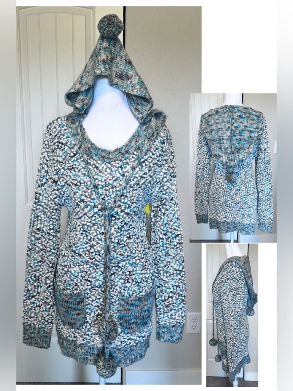 Just Funky PomPom Hooded Pockets Pullover Sweater Sz Medium